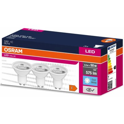 Osram 3PAK LED žárovka LED GU10 6,9W = 50W 575lm 4000K Neutrální bílá 120° VALUE – Zboží Živě