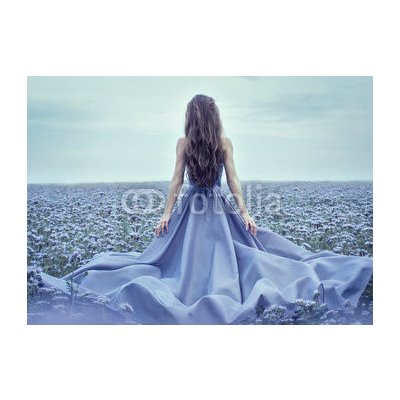 Weblux 70223866 Samolepka fólie Back view of standing young woman in blue dress Zadní pohled na stojící mladá žena v modrých šatech rozměry 200 x 144 cm – Sleviste.cz