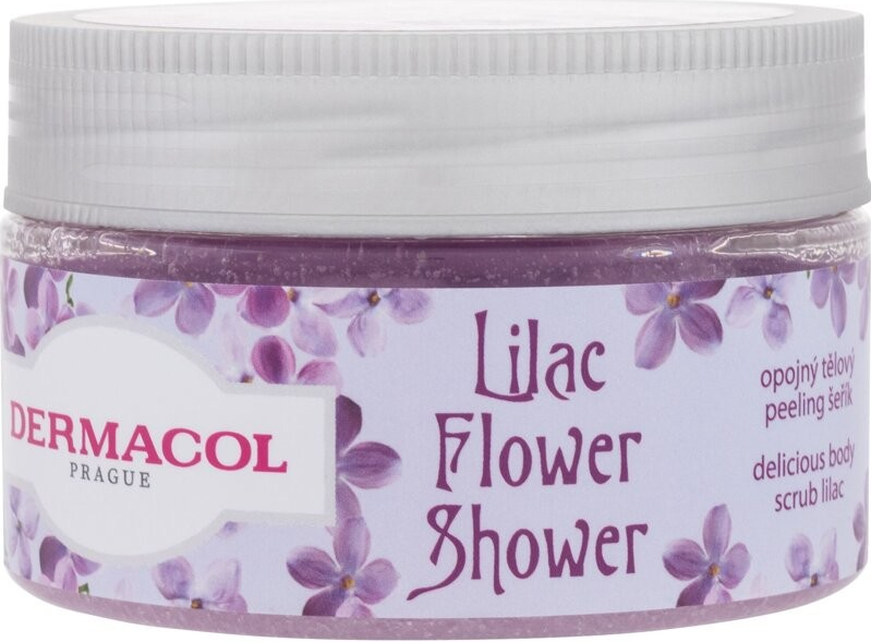 Dermacol Lilac Flower tělový peeling Lilac Flower Shower 200 g + krém na ruce Lilac Flower Care 30 ml + dekorativní vonná svíčka 130 g + plechová krabička dárková sada