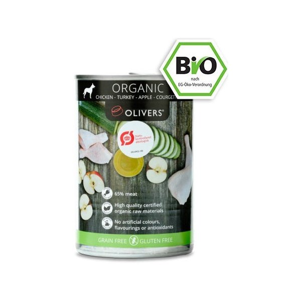 Krmivo pro psa Olivers Organics kuře krůta jablko & cuketa 6 x 400 g