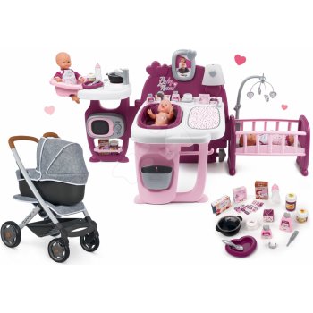 Smoby Set domček pre bábiku Violette Baby Nurse Large Doll's Play Center Smoby a kočík hlboký a športový DeLuxe Maxi Cosi & Quinny Grey SM220349-20