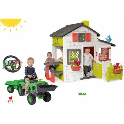 Smoby Set domček Priateľov s predzáhradkou+traktor na šliapanie Jim Loader s prívesom a elektronickým volantom SM310209-22