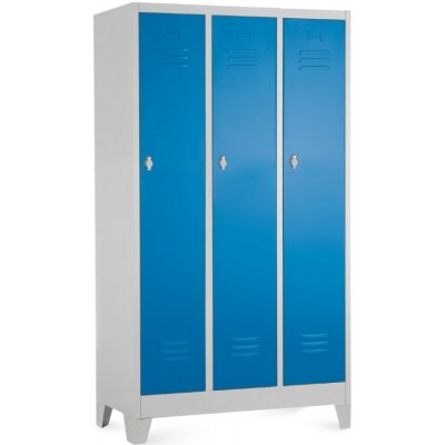 Rauman Kovová šatní skříňka 3 oddíly 90 x 50 x 160 cm pevné nohy otočný zámek modrá ral 5012 – Zboží Mobilmania
