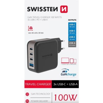 SWISSTEN SÍŤOVÝ ADAPTÉR GaN 3x USB-C 100W PD + 1x USB-A 18W QC ČERNÝ – Zboží Živě