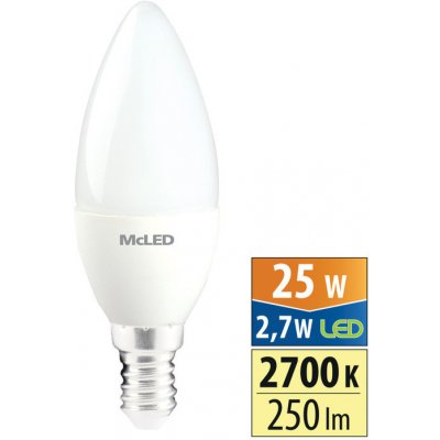 McLED LED žárovka E14 2,7W 25W teplá bílá 2700K svíčka – Zboží Mobilmania