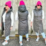 Emma dlouhá stylová prošívaná vesta s kapucí Khaki – Zboží Mobilmania