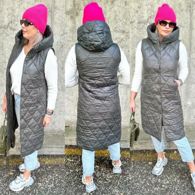 Emma dlouhá stylová prošívaná vesta s kapucí Khaki – Zboží Mobilmania