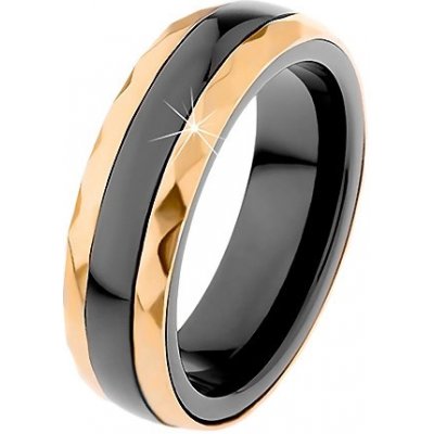 Šperky Eshop Keramický prsten černé barvy broušené ocelové pásy ve zlatém odstínu H1.3 – Zboží Mobilmania