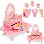 ECOTOYS Dětský dřevěný toaletní stolek se zrcadlem a zásuvkou + 7 doplňků, růžový – Hledejceny.cz