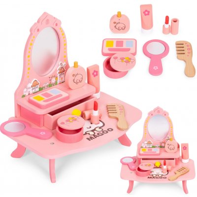 ECOTOYS Dětský dřevěný toaletní stolek se zrcadlem a zásuvkou + 7 doplňků, růžový – Hledejceny.cz