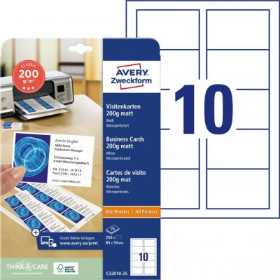 Avery Zweckform 85x54 mm, 185g, 25 listů, matné, bílé C32010-25 – Hledejceny.cz