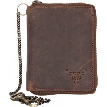 Celá kožená peněženka s býčí hlavou dokola na kovový zip s 30 cm dlouhým kovovým řetězem a karabinkou