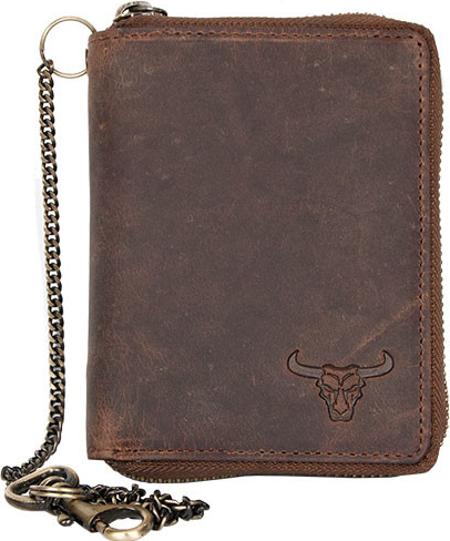 Celá kožená peněženka s býčí hlavou dokola na kovový zip s 30 cm dlouhým kovovým řetězem a karabinkou
