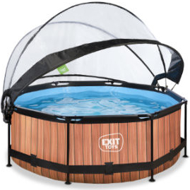 EXIT Rámový bazén (12V kartušové filtrační čerpadlo) - dřevěný vzhled a střešní okno 244x76cm