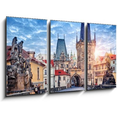 Obraz 3D třídílný - 90 x 50 cm - Sunrise on Charles bridge in Prague Czech Republic picturesque Východ slunce na Karlově mostě v Praze, Česká republika, malebné – Hledejceny.cz