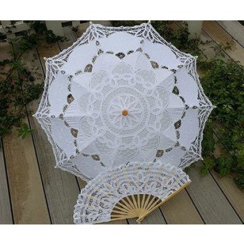 Set svatební deštník a vějíř bílý krajkový