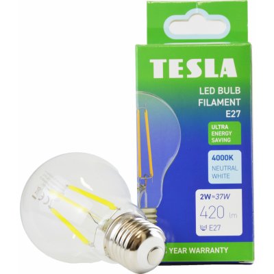 Tesla LED žárovka FILAMENT A class, E27, 2W, 420lm, 4000K denní bílá, 360st, čirá, 230V, 25 000h