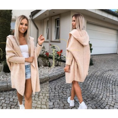 Fashionweek Dámský luxusní pletený kabát cardigan s kapucí BETI Smetanový – Zbozi.Blesk.cz