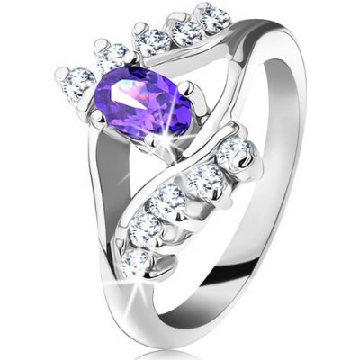 Šperky eshop lesklý prsten ve stříbrném odstínu s fialovým oválným zirkonem čirá linie G10.29
