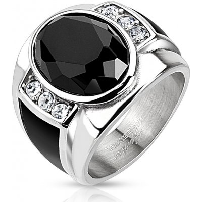 Šperky eshop ocelový prsten s černým broušeným oválem čirými zirkony a černými pásy AB09.01 – Zbozi.Blesk.cz