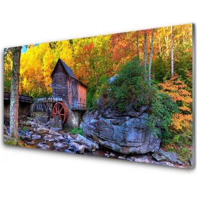 Obraz na skle Vodní Mlýn Podzimní Les 100x50 cm – Zboží Mobilmania