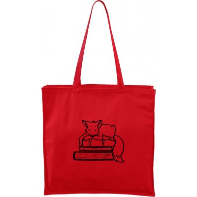 Ručně malovaná větší plátěná taška - Liška na knihách, červená/černý motiv