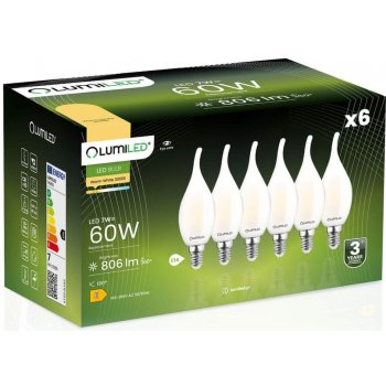 LUMILED 6x LED žárovka E14 BA35 7W = 60W 806lm 3000K Teplá bílá 360° Filament mléčná bublina