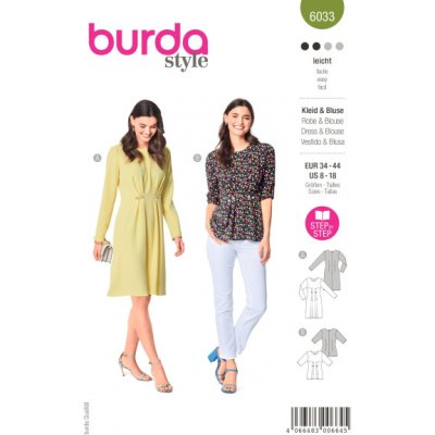 Střih Burda 6033 - Šaty s knoflíčky a řasením, halenka (v angličtině) – Zboží Mobilmania
