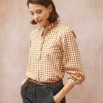 Kostkovaná halenka s volánkem oříšková/režná – Hledejceny.cz