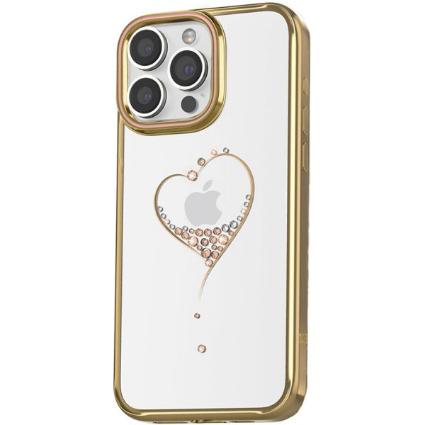 Pouzdro a kryt na mobilní telefon KINGXBAR Wish Apple iPhone 15 Pro - s kamínky - plastový / gumový - zlaté srdce