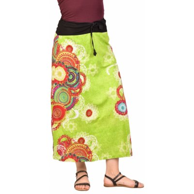 Sanu Babu dlouhá zelená sukně s barevným potiskem, elastický pas a šňůrka zelená