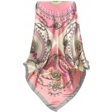 viskózový šátek na krk s ornamenty růžice čtvercový růžový béžový a šedý