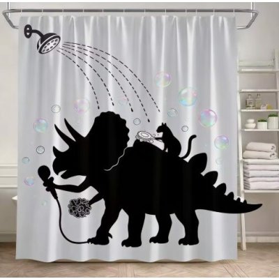 Sprchový závěs se zavěšením grommet top + háčky - Bílý s kočkou a dinosaurem, 240 x 180 cm – Hledejceny.cz