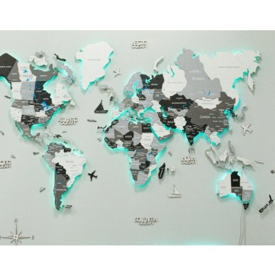 Mapa světa s RGB LED podsvícením 3D BÍLO-ŠEDÁ - 150 cm x 90 cm – Zboží Mobilmania