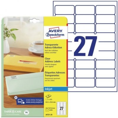 Avery Zweckform Adresní etikety QuickPEEL 25 listů A4 transparentní 63,5 x 29,6 mm pro inkoust J4721-25 – Hledejceny.cz