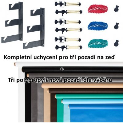 4studio Uchycení třech pozadí na zeď 4studio S-15 a tři polypropylenová pozadí 2,7 x 5m – Zboží Mobilmania