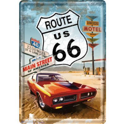 Postershop Plechová pohlednice - Route 66 (Red car) – Zboží Mobilmania