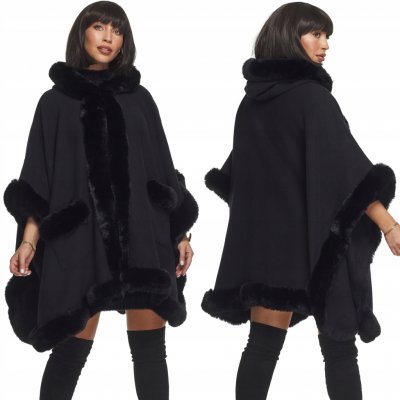 Fashionweek Dámské elegantní pončo s kožešinou a kapuci KARR050 Černá