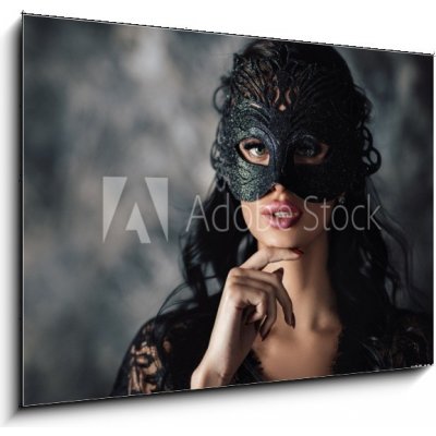 Obraz 1D - 100 x 70 cm - portrait of sexy beautiful woman in lace black erotic lingerie and carnival mask on dark background portrét sexy krásná žena v krajkové černé er