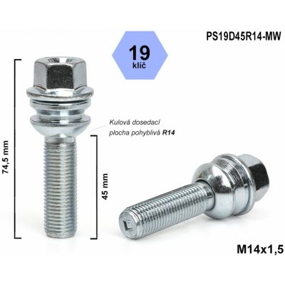 Kolový šroub M14x1,5x45 koule R14 pohyblivá, klíč 19, PS19D45R14-MW ; výška 74,5 | Zboží Auto