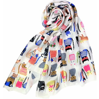 Hedvábná šála s viskózou bílá a barevené kočky a kočičky ve francouzském stylu – Hledejceny.cz