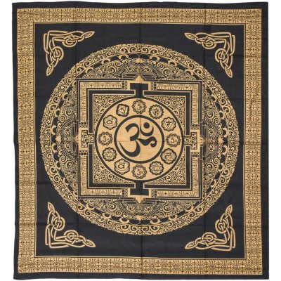 Sanu Babu Přehoz se zlatým tiskem Óm Mandala s čakrami, černý, 200x230cm – Sleviste.cz