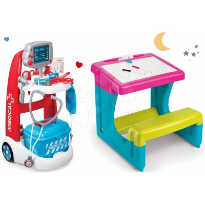 Smoby set lékařský vozík a lavice s odkládacím prostorem a oboustrannou tabulí 340202-8R – Zboží Mobilmania