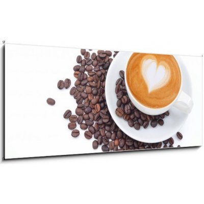 Obraz 1D panorama - 120 x 50 cm - A cup of cafe latte and coffee beans on white Šálek kávy latte a kávových bobů na bílém