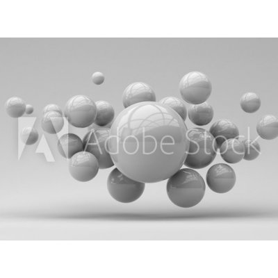 WEBLUX 285452318 Samolepka fólie Flying spheres on a white background. 3d rendering. Illustration for advertising. Létající koule na bílém pozadí. 3D vykreslování Ilust, rozměry 100 x 73 cm