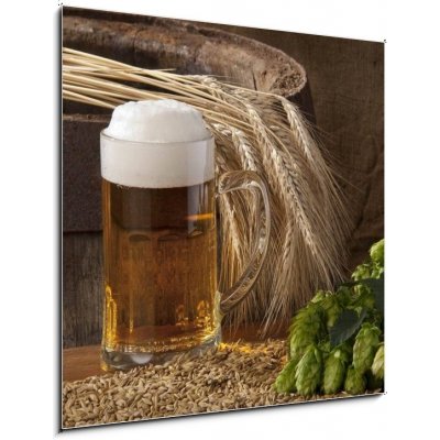 Skleněný obraz 1D - 50 x 50 cm - beer with barley and hops pivo s ječmenem a chmelem – Zbozi.Blesk.cz