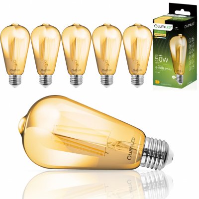Lumiled 6x ST64 E27 LED žárovka Vintage Edison Bulb 6W Ekvivalent 60W 660lm Skleněná žárovka 2200K Amber Retro Warmglow Bulb 360° Filament – Zboží Mobilmania