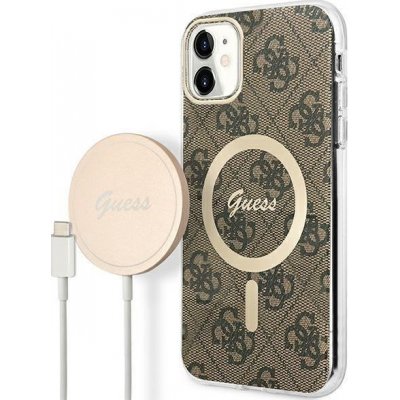 Pouzdro Guess 4G Print MagSafe set + nabíječka iPhone 11 hnědé