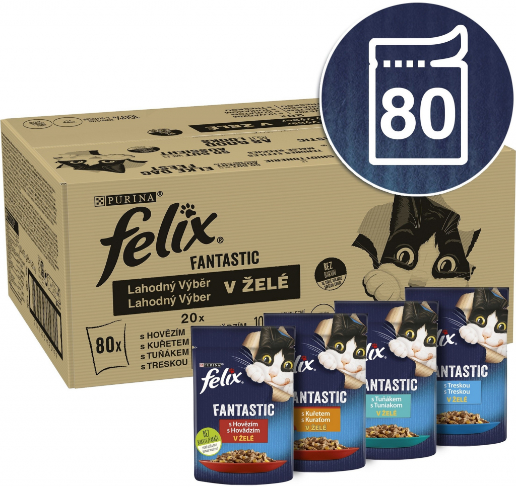 Felix Fantastic s hovězím kuřetem tuňákem a treskou v želé 80 x 85 g