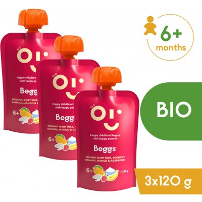 Beggs BIO Dětská rýže s jogurtem, banánem, mangem a malinami 3 x 120 g – Zboží Dáma